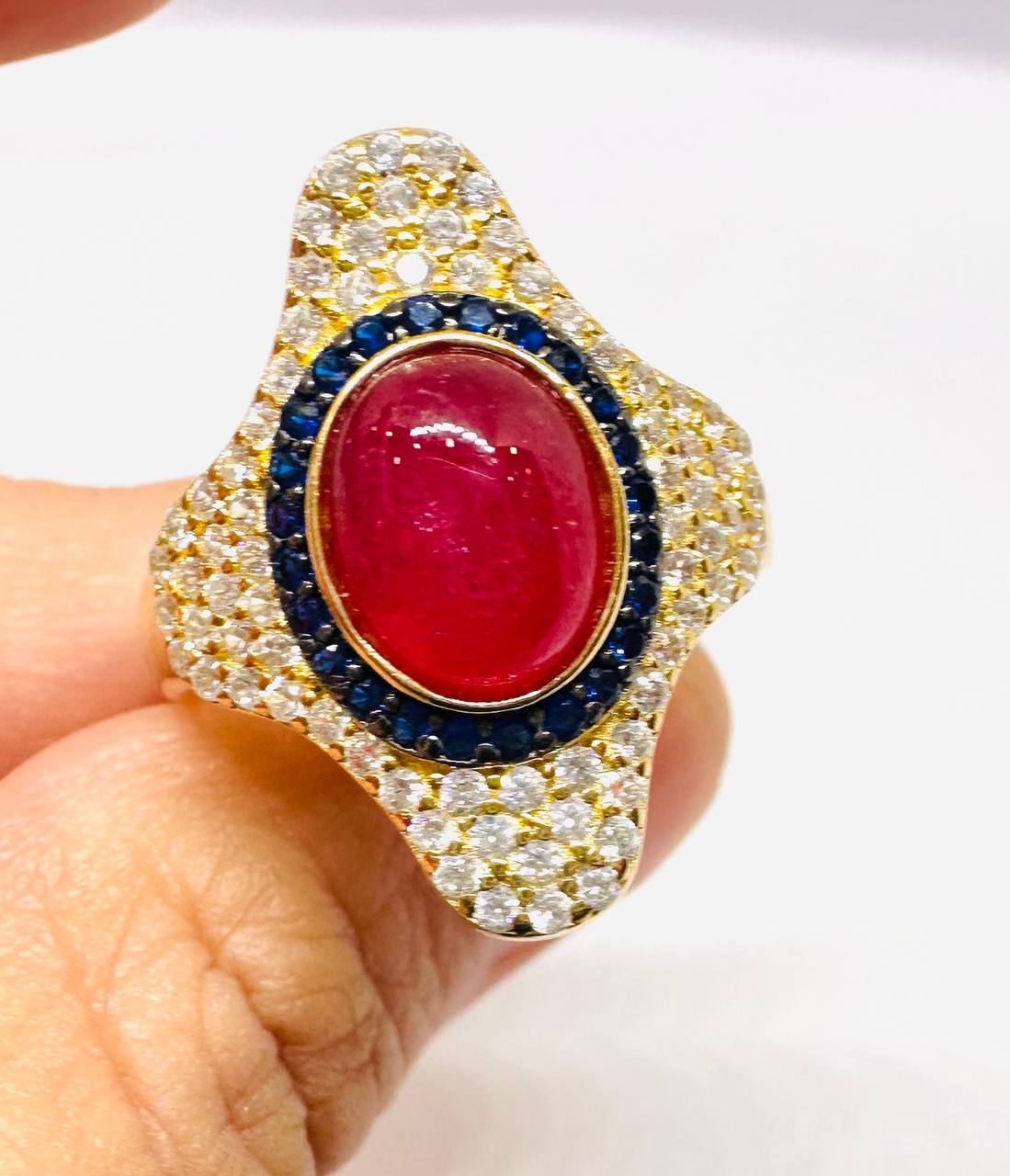 925 Sterling Silver, Gold Plated Natural Marquise Ruby Ring with Swiss Diamonds — Handcrafted 5