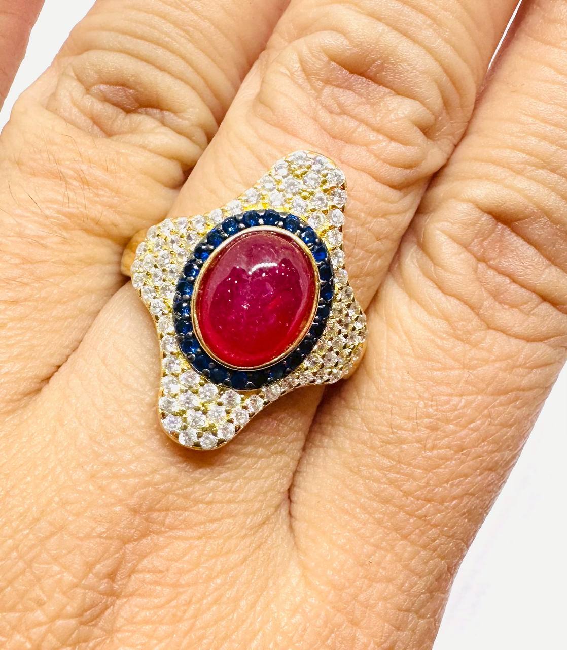 925 Sterling Silver, Gold Plated Natural Marquise Ruby Ring with Swiss Diamonds — Handcrafted 6