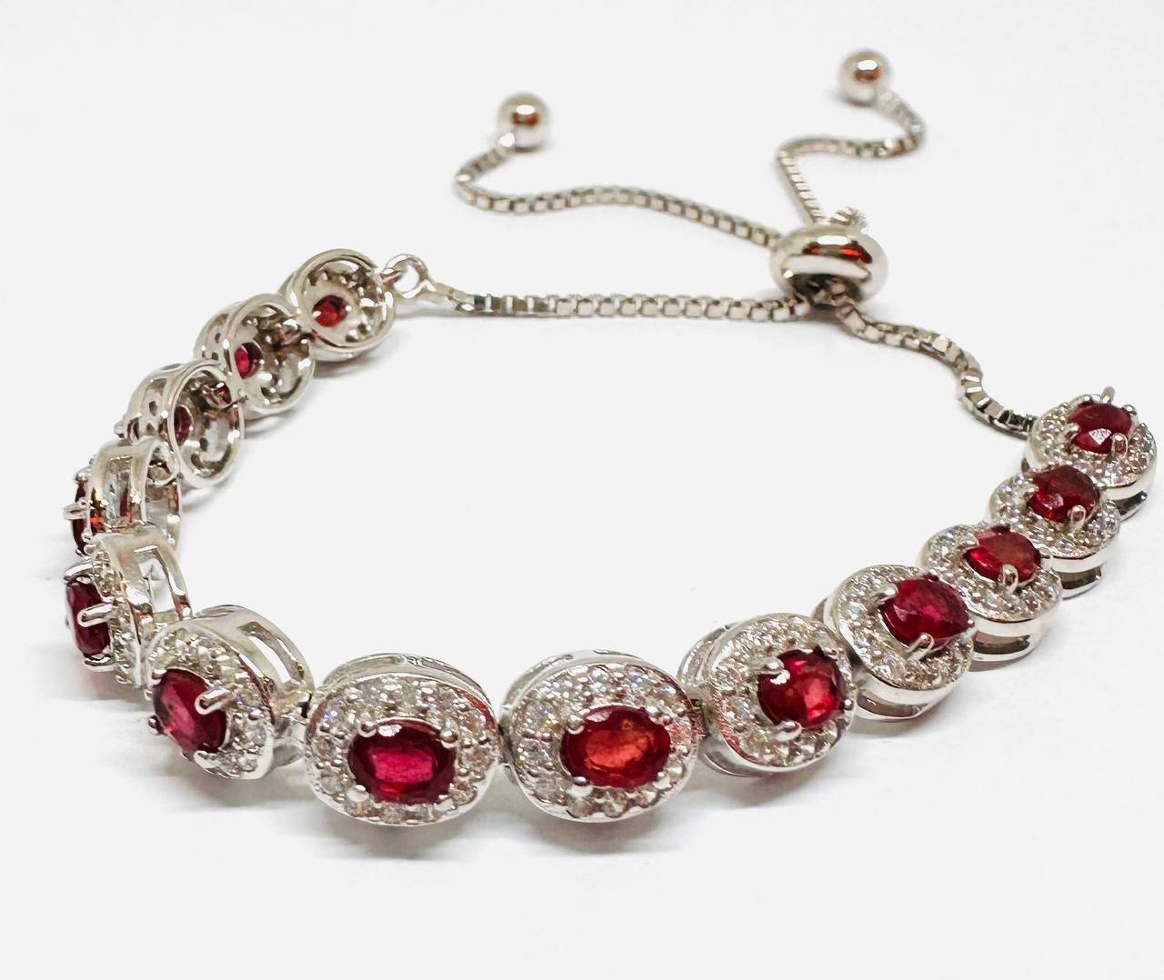 925 Sterling Silver, White Gold Plated Natural Faceted Ruby Bracelet with Swiss Diamonds — Handcrafted