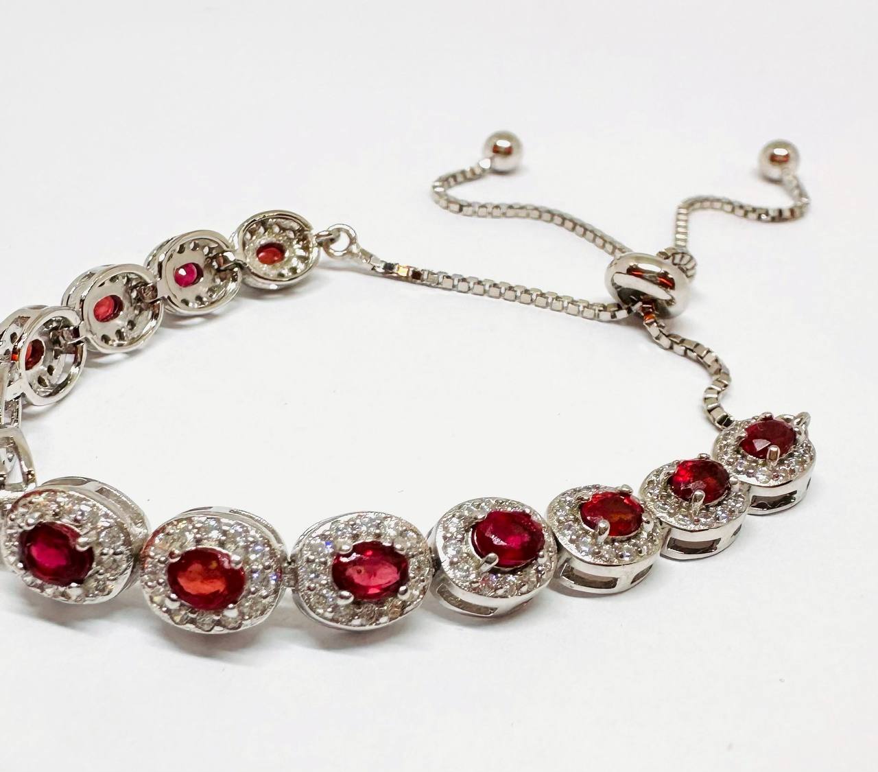925 Sterling Silver, White Gold Plated Natural Faceted Ruby Bracelet with Swiss Diamonds — Handcrafted 2