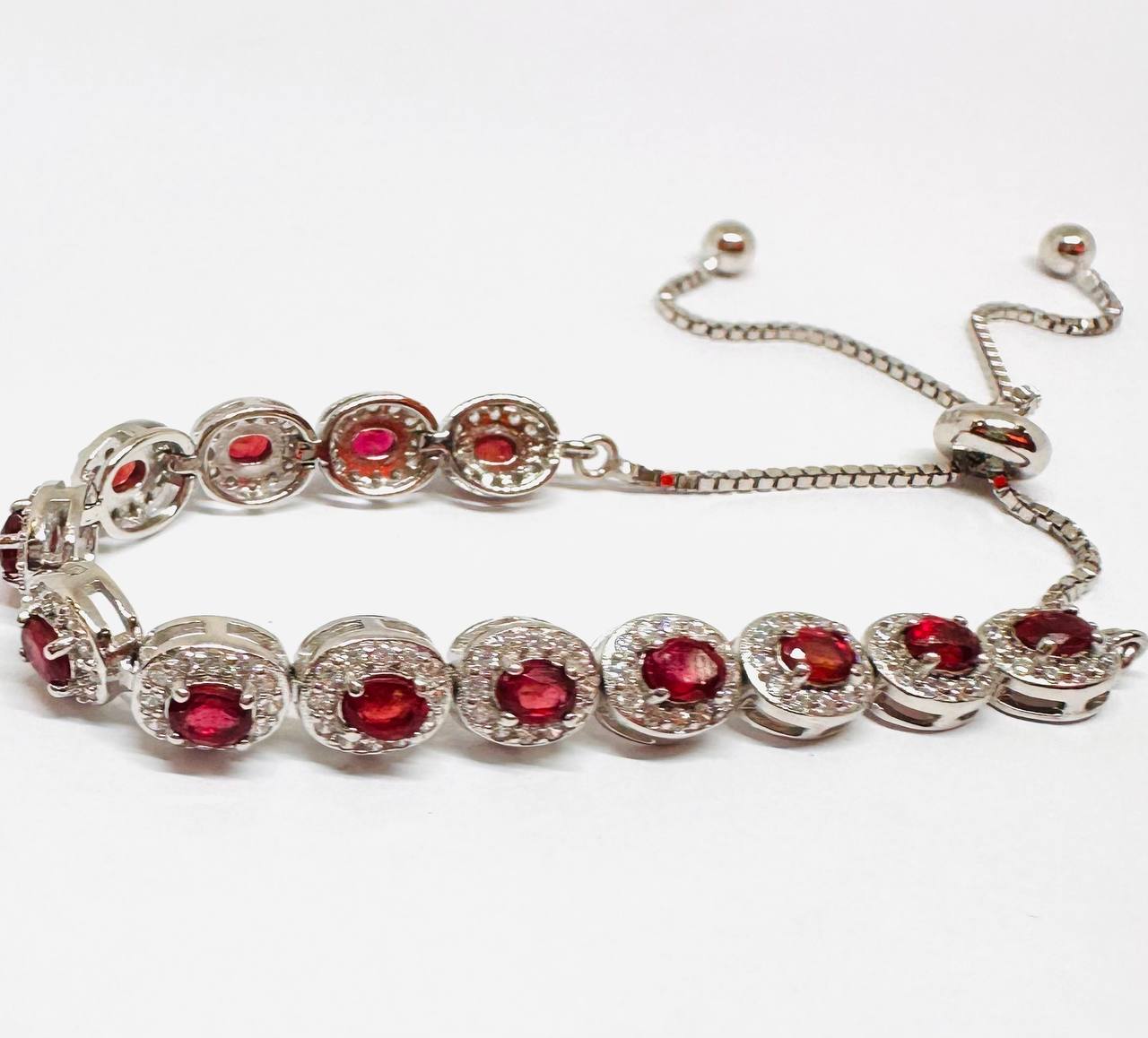 925 Sterling Silver, White Gold Plated Natural Faceted Ruby Bracelet with Swiss Diamonds — Handcrafted 3