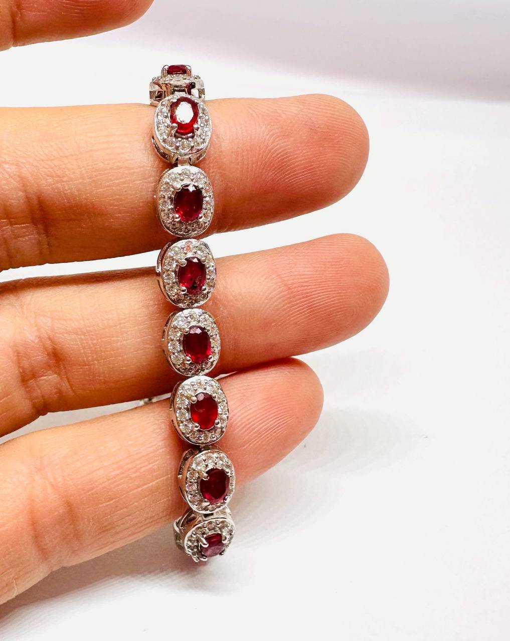 925 Sterling Silver, White Gold Plated Natural Faceted Ruby Bracelet with Swiss Diamonds — Handcrafted 4