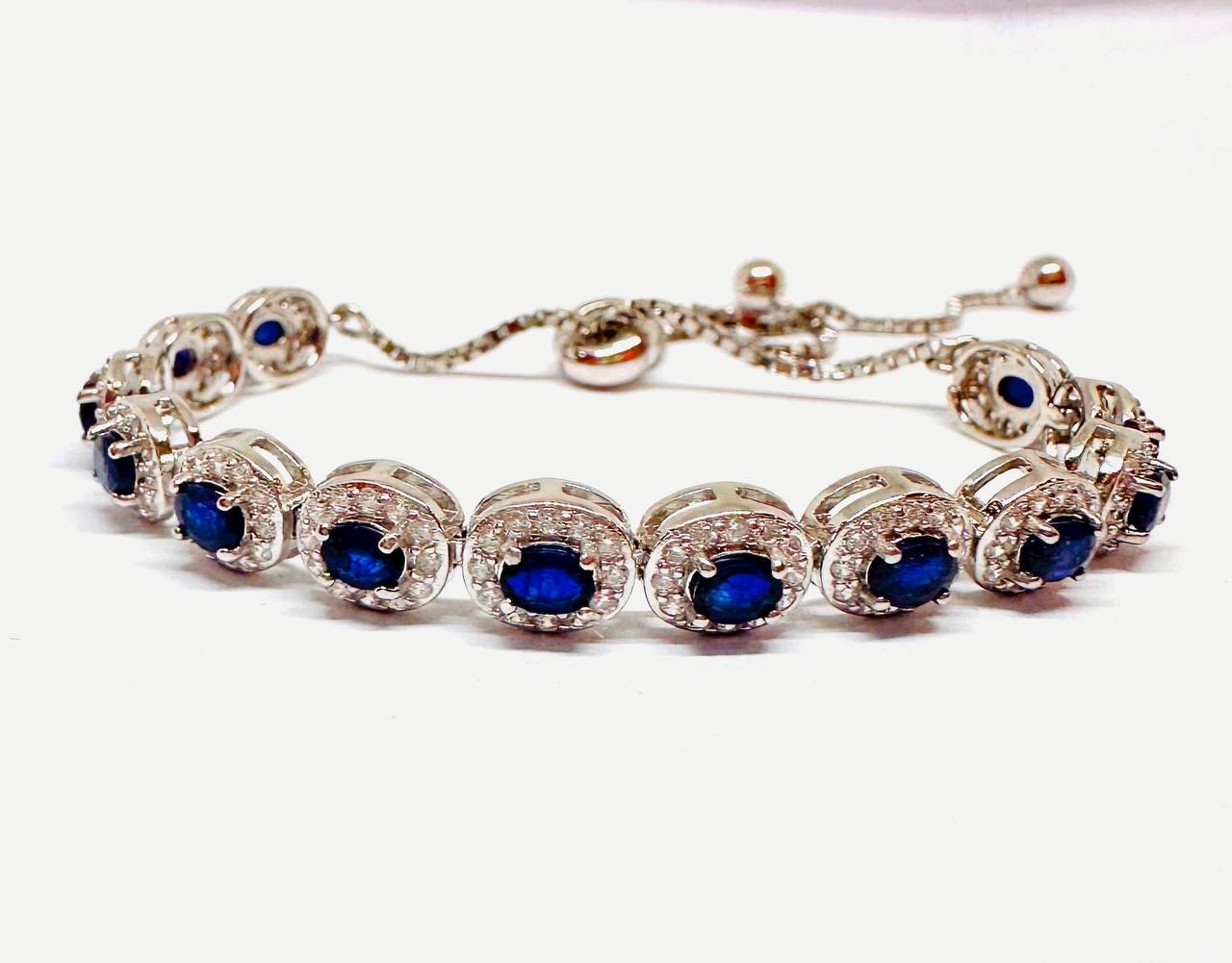 925 Sterling Silver, White Gold Plated Natural Faceted Sapphire Bracelet with Swiss Diamonds — Handcrafted