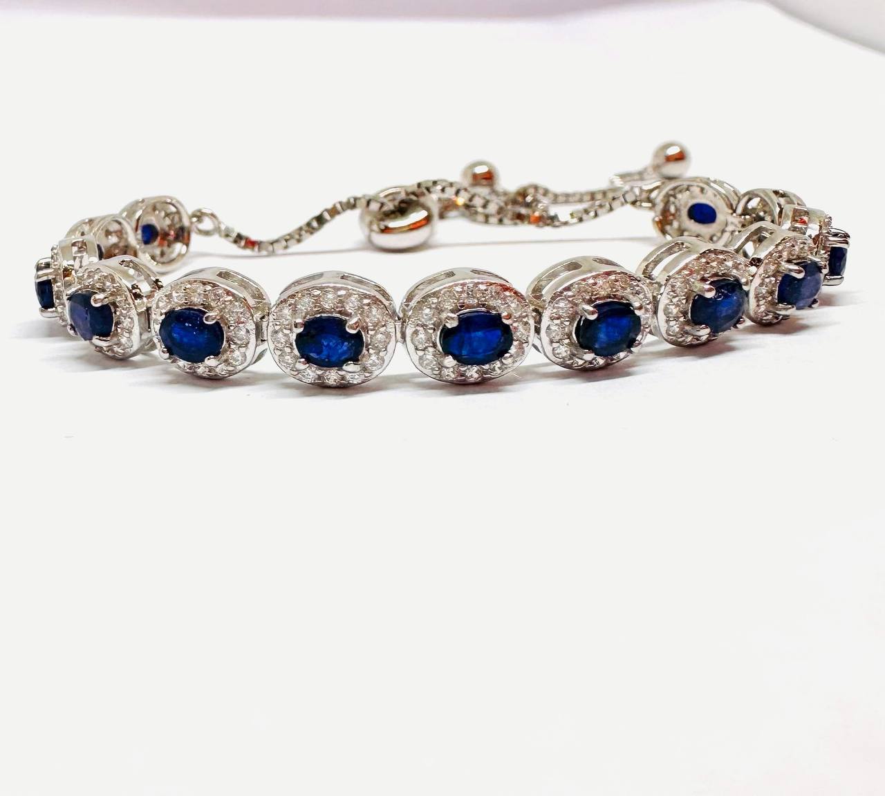 925 Sterling Silver, White Gold Plated Natural Faceted Sapphire Bracelet with Swiss Diamonds — Handcrafted 2