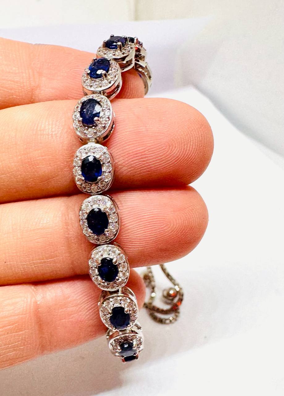 925 Sterling Silver, White Gold Plated Natural Faceted Sapphire Bracelet with Swiss Diamonds — Handcrafted 3