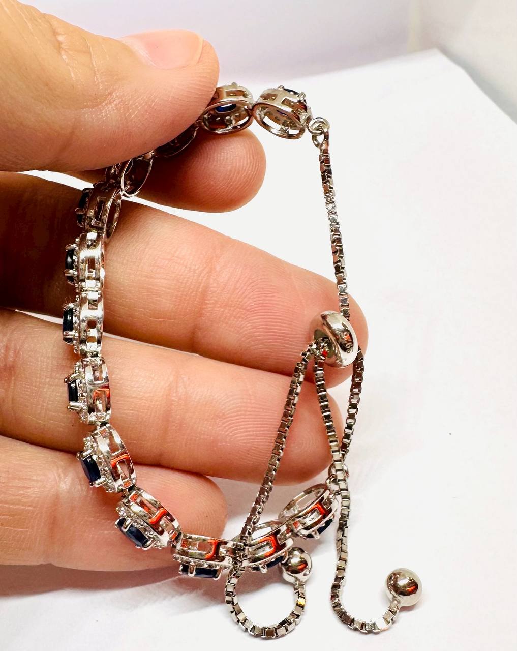 925 Sterling Silver, White Gold Plated Natural Faceted Sapphire Bracelet with Swiss Diamonds — Handcrafted 4