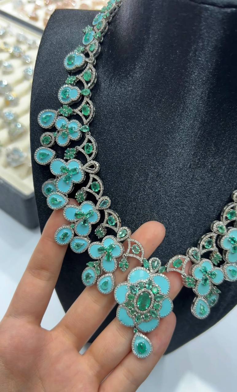 One of a Kind Handmade Natural Emerald & Diamond Necklace and Earrings Set – Sterling Silver Fine Jewelry 2