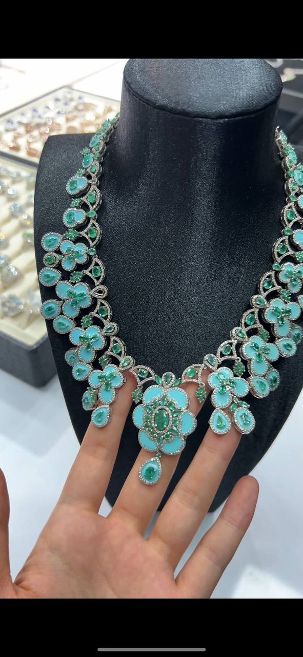 One of a Kind Handmade Natural Emerald & Diamond Necklace and Earrings Set – Sterling Silver Fine Jewelry 3