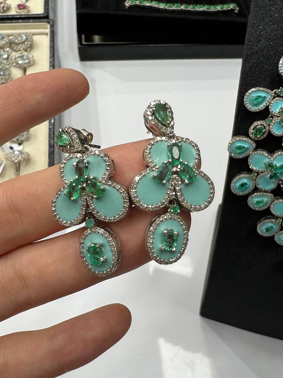 One of a Kind Handmade Natural Emerald & Diamond Necklace and Earrings Set – Sterling Silver Fine Jewelry 5
