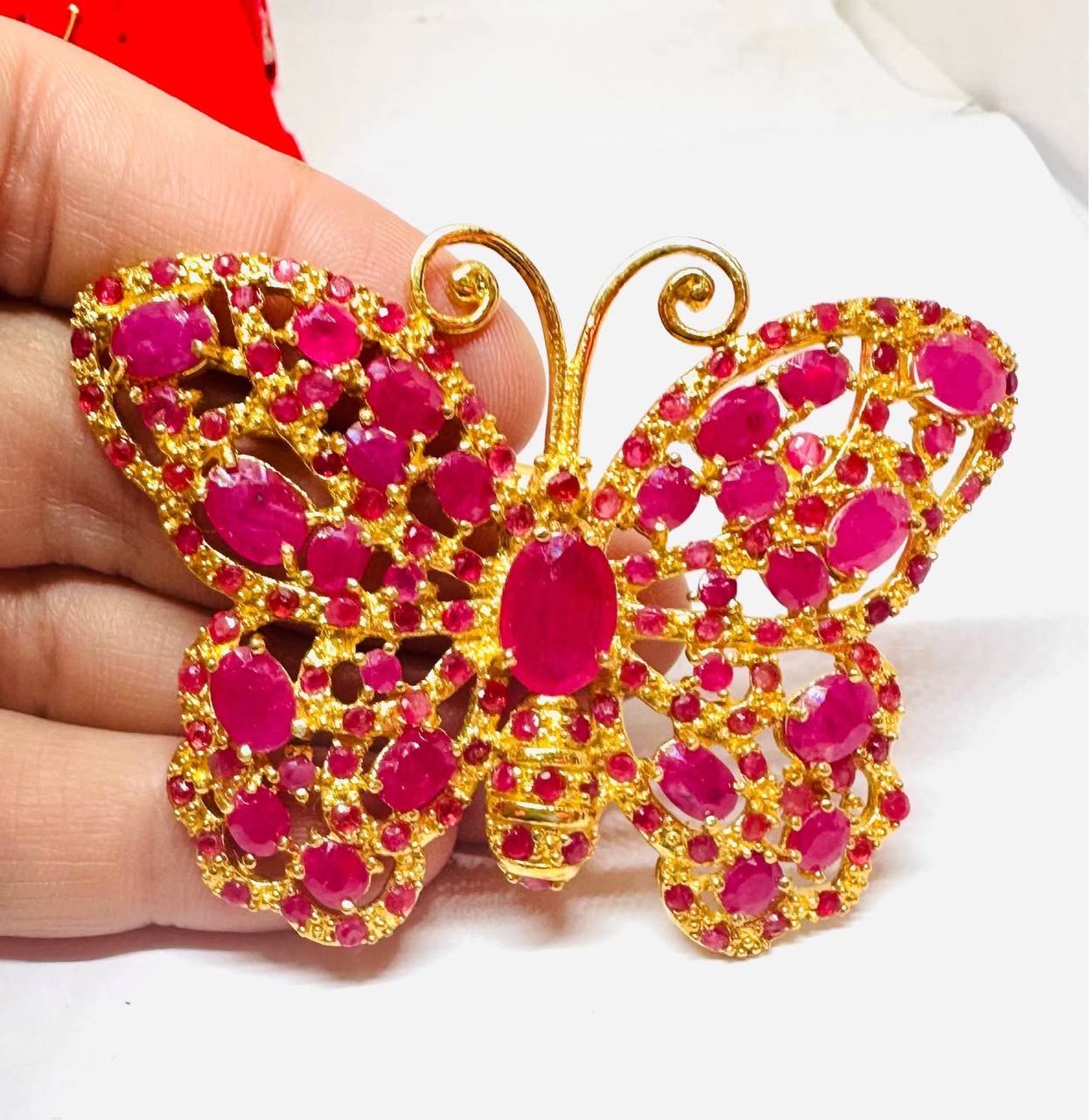 925 Sterling Silver Gold-Plated Ruby Butterfly Brooch — Handcrafted